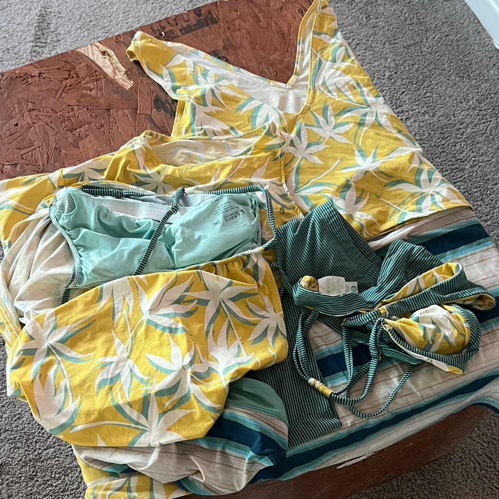 Carve Designs Yellow and Green Leaf Print Swim Coverup and swim tops and bottoms